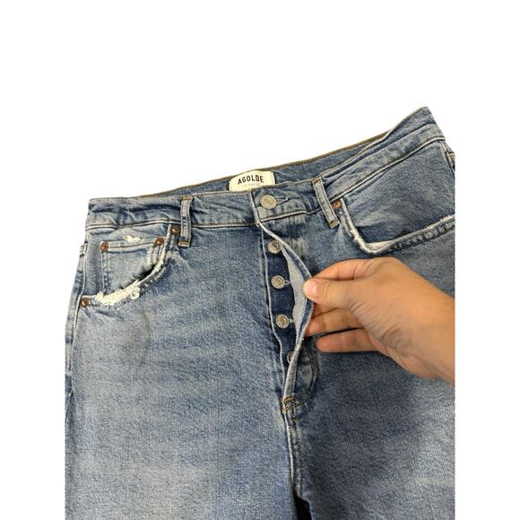AGOLDE Riley Long High Rise Straight Jeans Medium Wash 29 Button Fly Distress - Picture 4 of 9